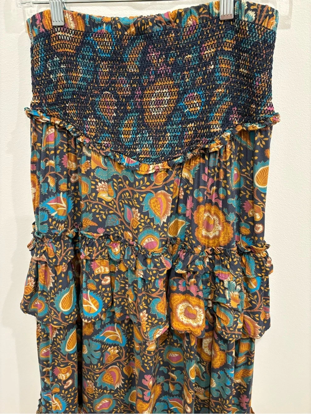 House of Harlow Maxi Skirt Womens Small Smocking Ruffles Bohemian Blue Ochre - Picture 5 of 12